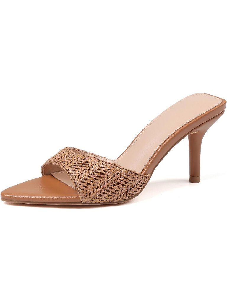 Women's Raffia Brown Leather Pointed Open Peep Toe Backless Summer High Heel
